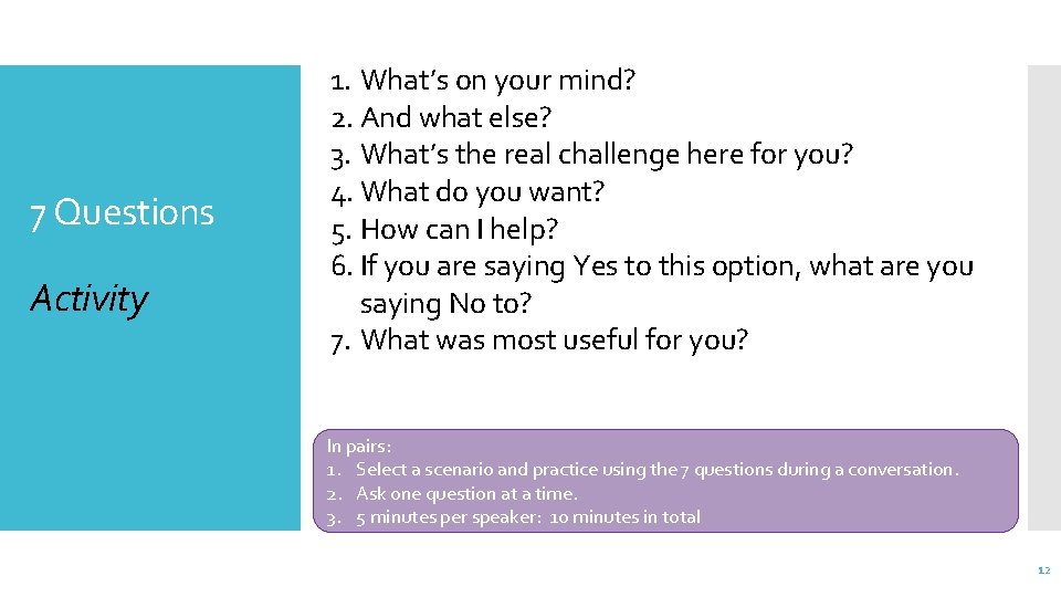 7 Questions Activity 1. What’s on your mind? 2. And what else? 3. What’s