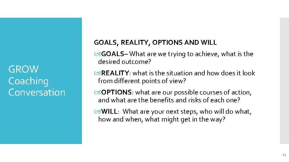 GOALS, REALITY, OPTIONS AND WILL GROW Coaching Conversation GOALS– What are we trying to