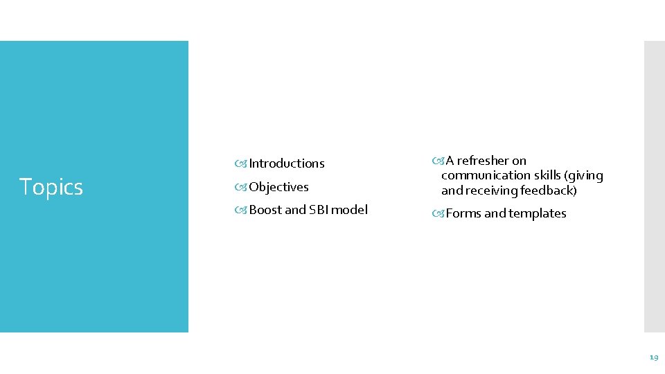 Topics Objectives A refresher on communication skills (giving and receiving feedback) Boost and SBI