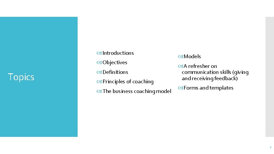  Introductions Objectives Topics Definitions Principles of coaching The business coaching model Models A
