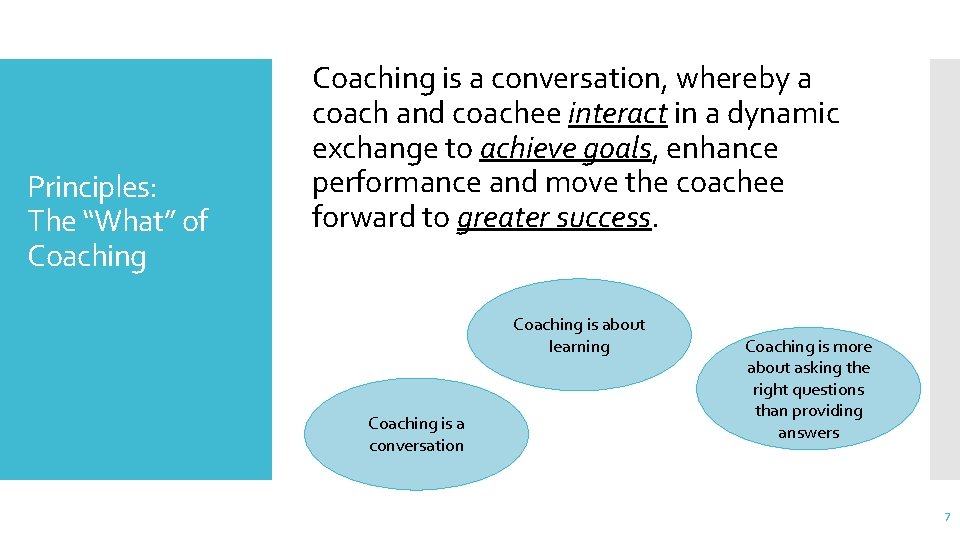 Principles: The “What” of Coaching is a conversation, whereby a coach and coachee interact