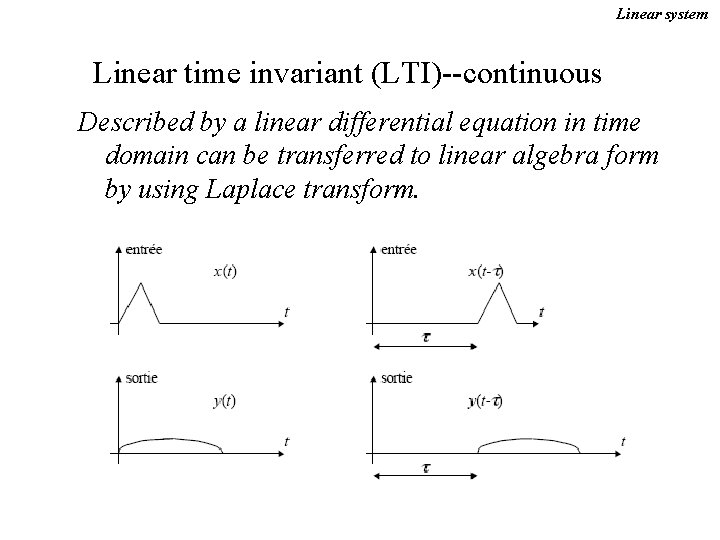 Linear system Linear time invariant (LTI)--continuous Described by a linear differential equation in time