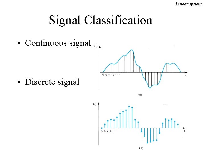 Linear system Signal Classification • Continuous signal • Discrete signal 