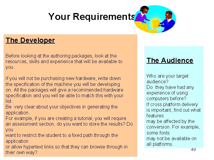 Your Requirements The Developer Before looking at the authoring packages, look at the resources,