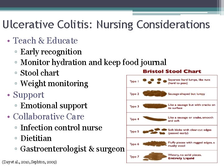 Ulcerative Colitis: Nursing Considerations • Teach & Educate ▫ ▫ Early recognition Monitor hydration