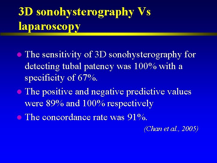3 D sonohysterography Vs laparoscopy The sensitivity of 3 D sonohysterography for detecting tubal