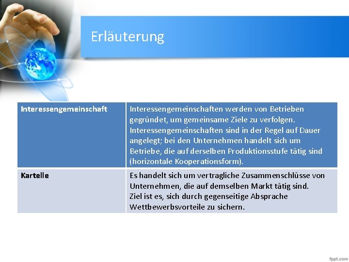 Erläuterung Interessengemeinschaften werden von Betrieben gegründet, um gemeinsame Ziele zu verfolgen. Interessengemeinschaften sind in