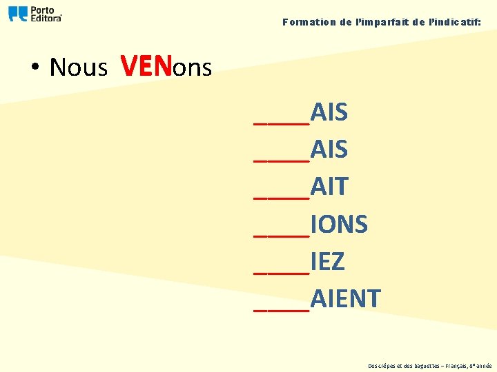 Formation de l’imparfait de l’indicatif: • Nous VENons ____AIS ____AIT ____IONS ____IEZ ____AIENT Des