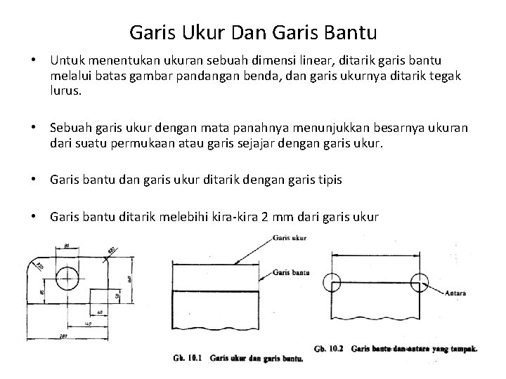 Garis Ukur Dan Garis Bantu • Untuk menentukan ukuran sebuah dimensi linear, ditarik garis