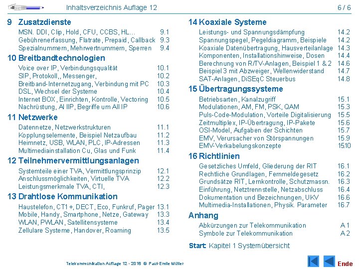 6/6 Inhaltsverzeichnis Auflage 12 9 Zusatzdienste 14 Koaxiale Systeme MSN. DDI, Clip, Hold, CFU,