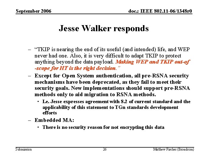 September 2006 doc. : IEEE 802. 11 -06/1348 r 0 Jesse Walker responds –