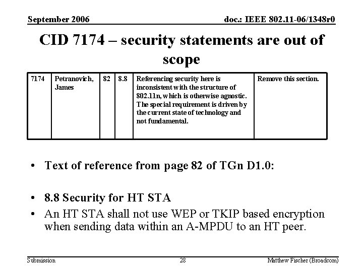 September 2006 doc. : IEEE 802. 11 -06/1348 r 0 CID 7174 – security