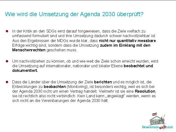 Wie wird die Umsetzung der Agenda 2030 überprüft? l In der Kritik an den