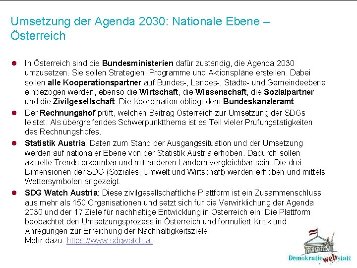 Umsetzung der Agenda 2030: Nationale Ebene – Österreich l In Österreich sind die Bundesministerien