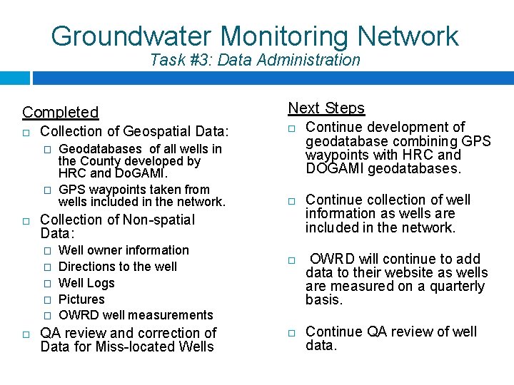 Groundwater Monitoring Network Task #3: Data Administration Completed Collection of Geospatial Data: � �