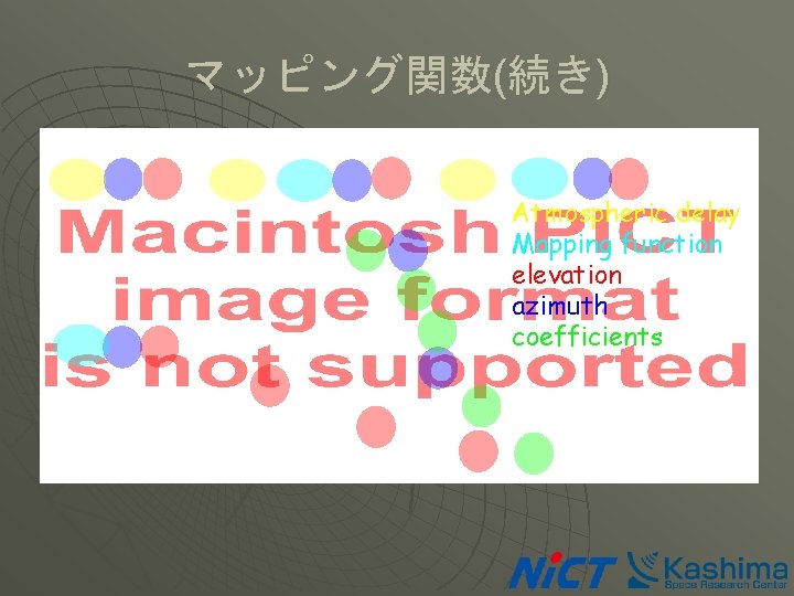 マッピング関数(続き) Atmospheric delay Mapping function elevation azimuth coefficients 