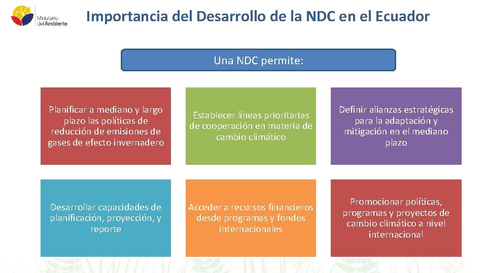 Importancia del Desarrollo de la NDC en el Ecuador Una NDC permite: Planificar a