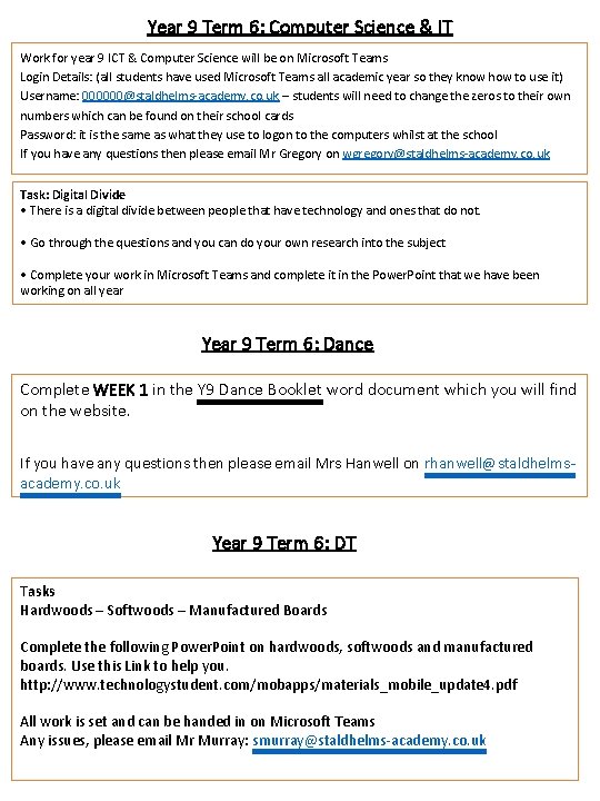 Year 9 Term 6: Computer Science & IT Work for year 9 ICT &