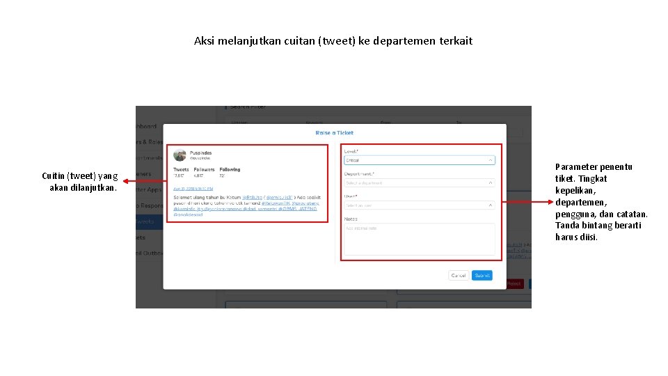 Aksi melanjutkan cuitan (tweet) ke departemen terkait Cuitin (tweet) yang akan dilanjutkan. Parameter penentu