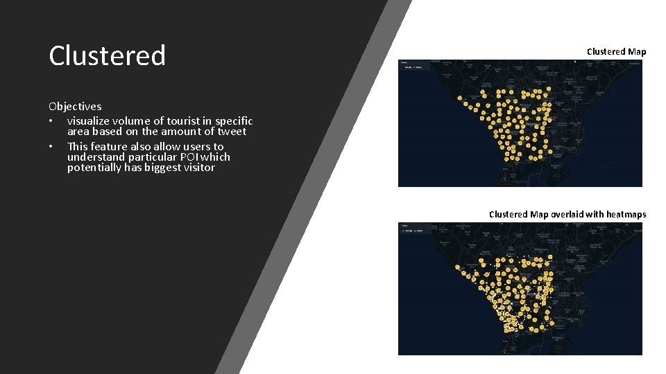Clustered Map Objectives • visualize volume of tourist in specific area based on the