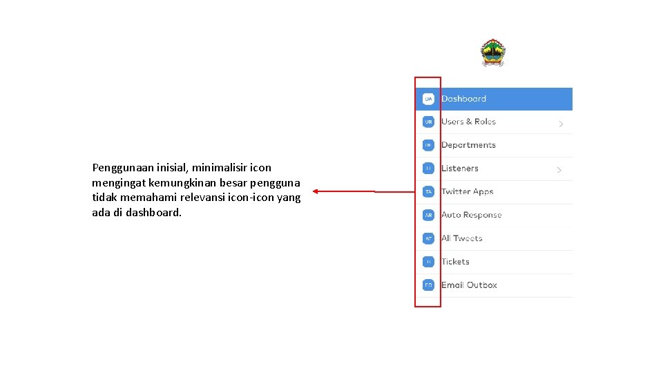 Penggunaan inisial, minimalisir icon mengingat kemungkinan besar pengguna tidak memahami relevansi icon-icon yang ada