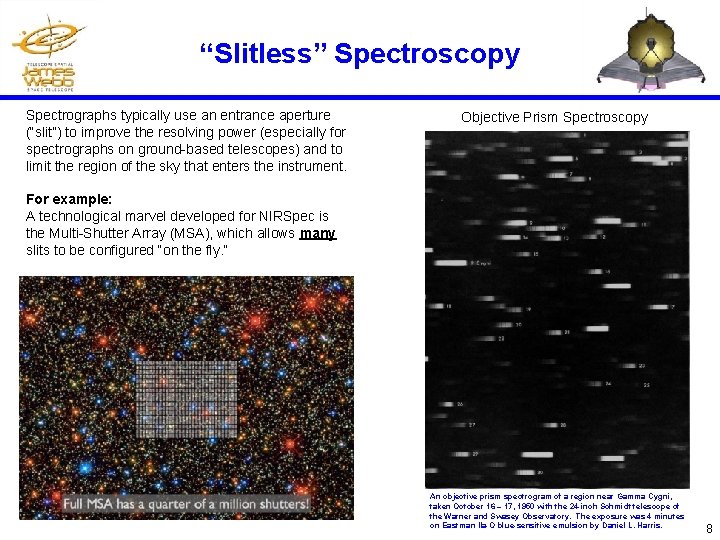 “Slitless” Spectroscopy Spectrographs typically use an entrance aperture (“slit”) to improve the resolving power