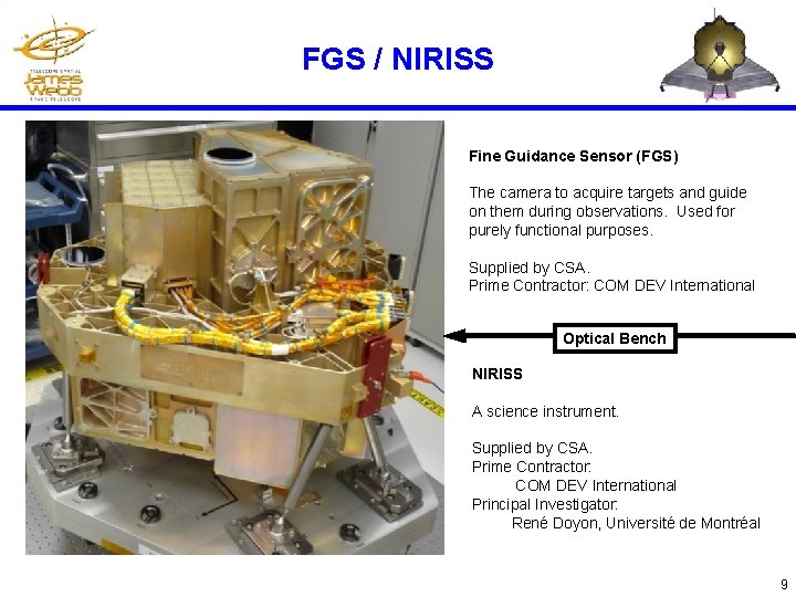 FGS / NIRISS Fine Guidance Sensor (FGS) The camera to acquire targets and guide