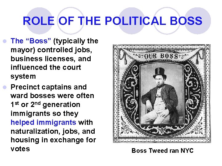 ROLE OF THE POLITICAL BOSS The “Boss” (typically the mayor) controlled jobs, business licenses,