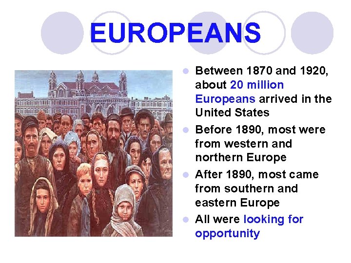 EUROPEANS Between 1870 and 1920, about 20 million Europeans arrived in the United States