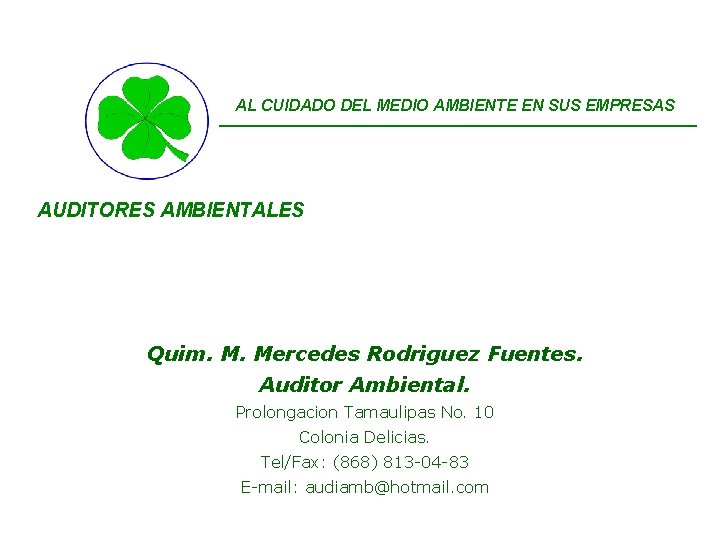 AL CUIDADO DEL MEDIO AMBIENTE EN SUS EMPRESAS AUDITORES AMBIENTALES Quim. M. Mercedes Rodriguez