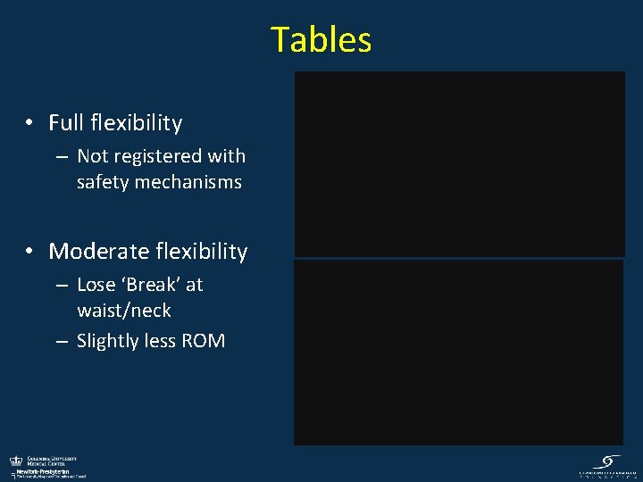 Tables • Full flexibility – Not registered with safety mechanisms • Moderate flexibility –