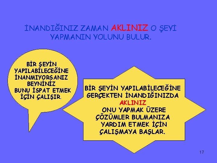 İNANDIĞINIZ ZAMAN AKLINIZ O ŞEYİ YAPMANIN YOLUNU BULUR. BİR ŞEYİN YAPILABİLECEĞİNE İNANMIYORSANIZ BEYNİNİZ BUNU