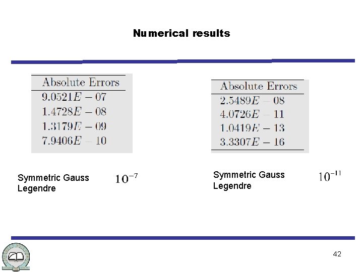 Numerical results Symmetric Gauss Legendre 42 