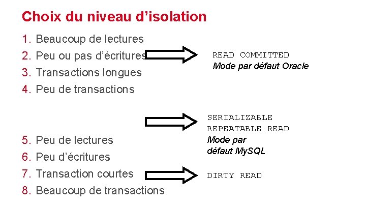 Choix du niveau d’isolation 1. 2. 3. 4. 5. 6. 7. 8. Beaucoup de