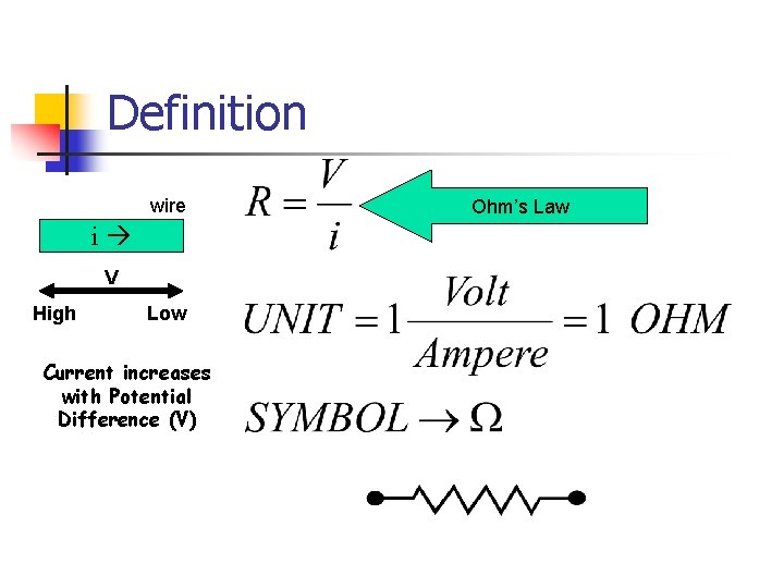 Definition wire i V High Low Current increases with Potential Difference (V) Ohm’s Law