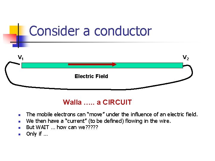 Consider a conductor V 1 V 2 Electric Field Walla …. . a CIRCUIT