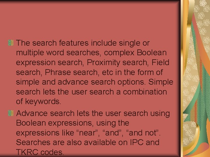 The search features include single or multiple word searches, complex Boolean expression search, Proximity