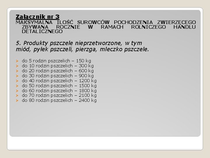 Załącznik nr 3 MAKSYMALNA ILOŚĆ SUROWCÓW POCHODZENIA ZWIERZĘCEGO ZBYWANA ROCZNIE W RAMACH ROLNICZEGO HANDLU