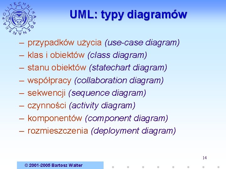 UML: typy diagramów – – – – przypadków użycia (use-case diagram) klas i obiektów