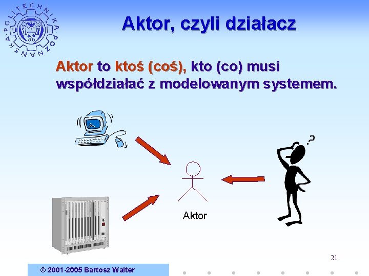 Aktor, czyli działacz Aktor to ktoś (coś), kto (co) musi współdziałać z modelowanym systemem.