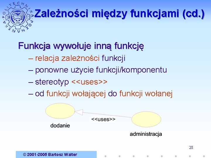 Zależności między funkcjami (cd. ) Funkcja wywołuje inną funkcję – relacja zależności funkcji –