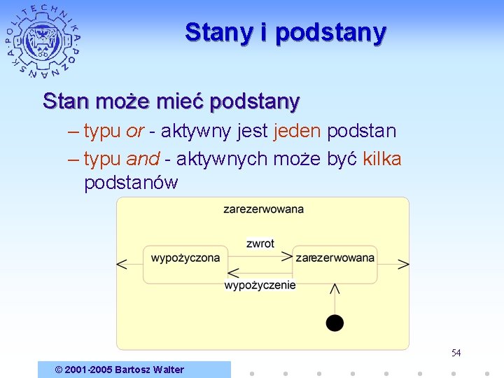 Stany i podstany Stan może mieć podstany – typu or - aktywny jest jeden