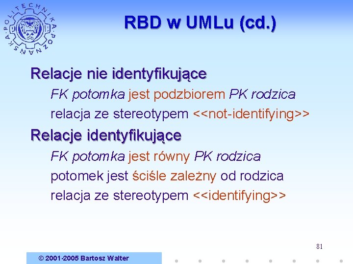 RBD w UMLu (cd. ) Relacje nie identyfikujące FK potomka jest podzbiorem PK rodzica