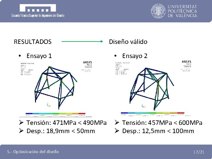 RESULTADOS Diseño válido • Ensayo 1 • Ensayo 2 Ø Tensión: 471 MPa <