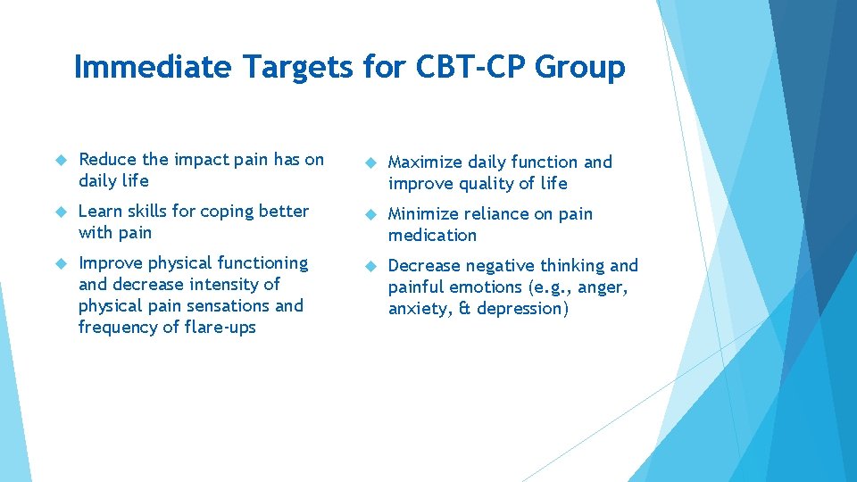 Immediate Targets for CBT-CP Group Reduce the impact pain has on daily life Maximize