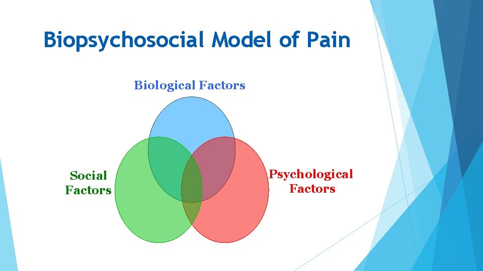 Biopsychosocial Model of Pain Biological Factors Social Factors Psychological Factors 