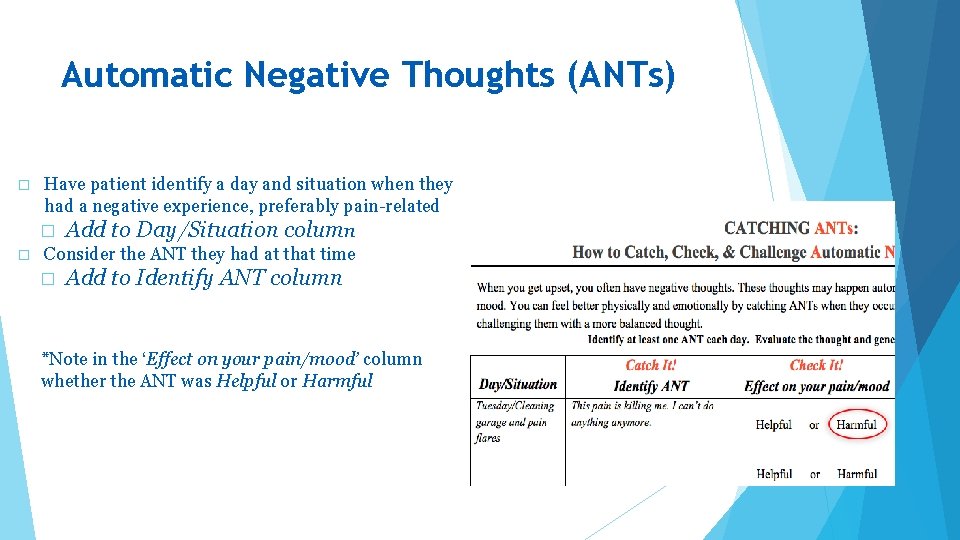 Automatic Negative Thoughts (ANTs) � � Have patient identify a day and situation when