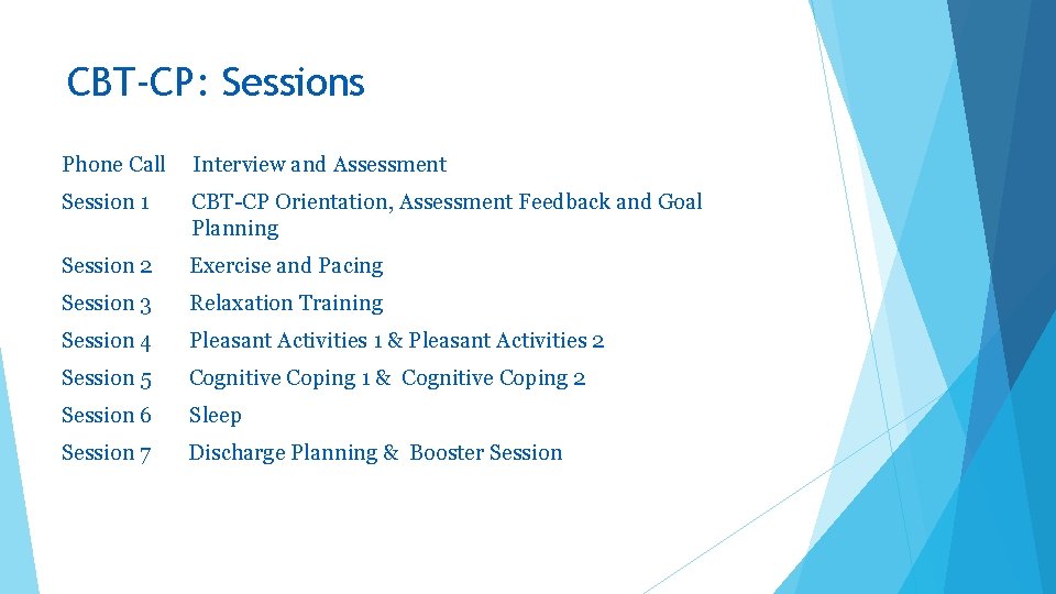 CBT-CP: Sessions Phone Call Interview and Assessment Session 1 CBT-CP Orientation, Assessment Feedback and