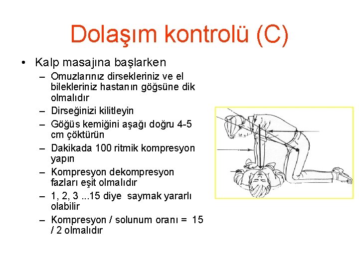 Dolaşım kontrolü (C) • Kalp masajına başlarken – Omuzlarınız dirsekleriniz ve el bilekleriniz hastanın