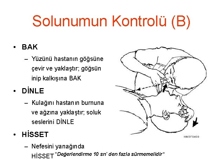 Solunumun Kontrolü (B) • BAK – Yüzünü hastanın göğsüne çevir ve yaklaştır; göğsün inip